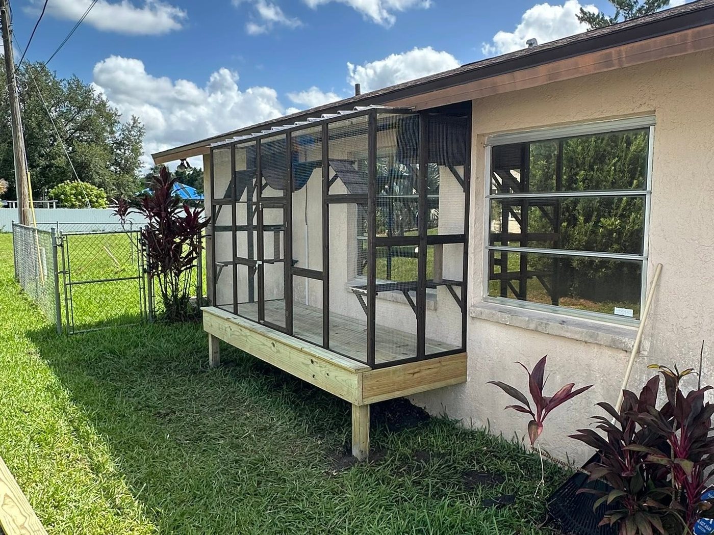 Custom screened catio — an outdoor cat enclosure NoBull built onto a Southwest Florida home